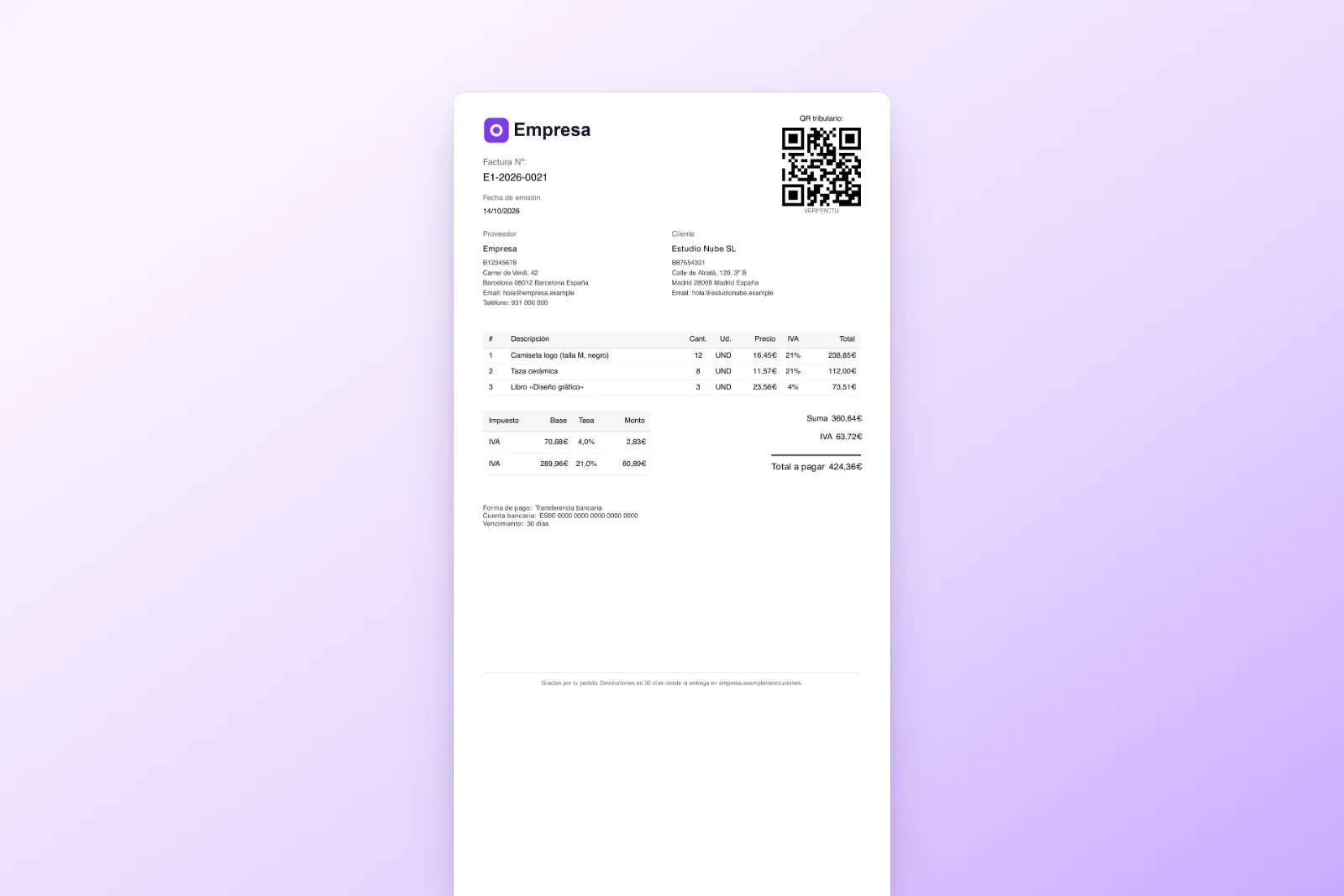 Factura en PDF generada desde WooCommerce con logo, datos del cliente, desglose de IVA y QR de Verifactu