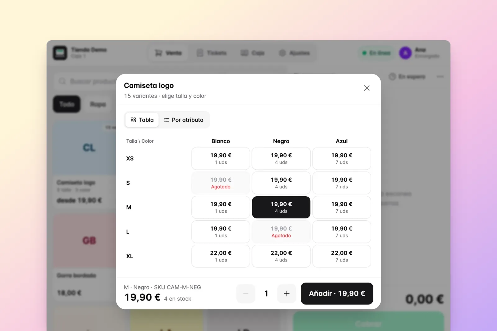 Selector de talla y color en la caja de Factukit, con el stock de cada variante de WooCommerce