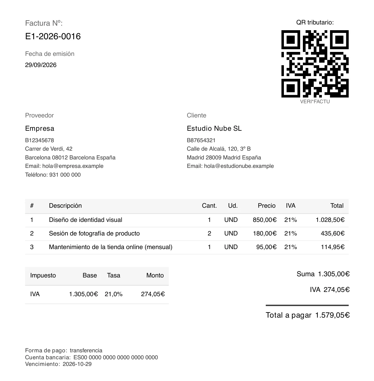 Factura en PDF con los datos del proveedor y del cliente, los conceptos, el desglose de IVA y el QR tributario VERI*FACTU.