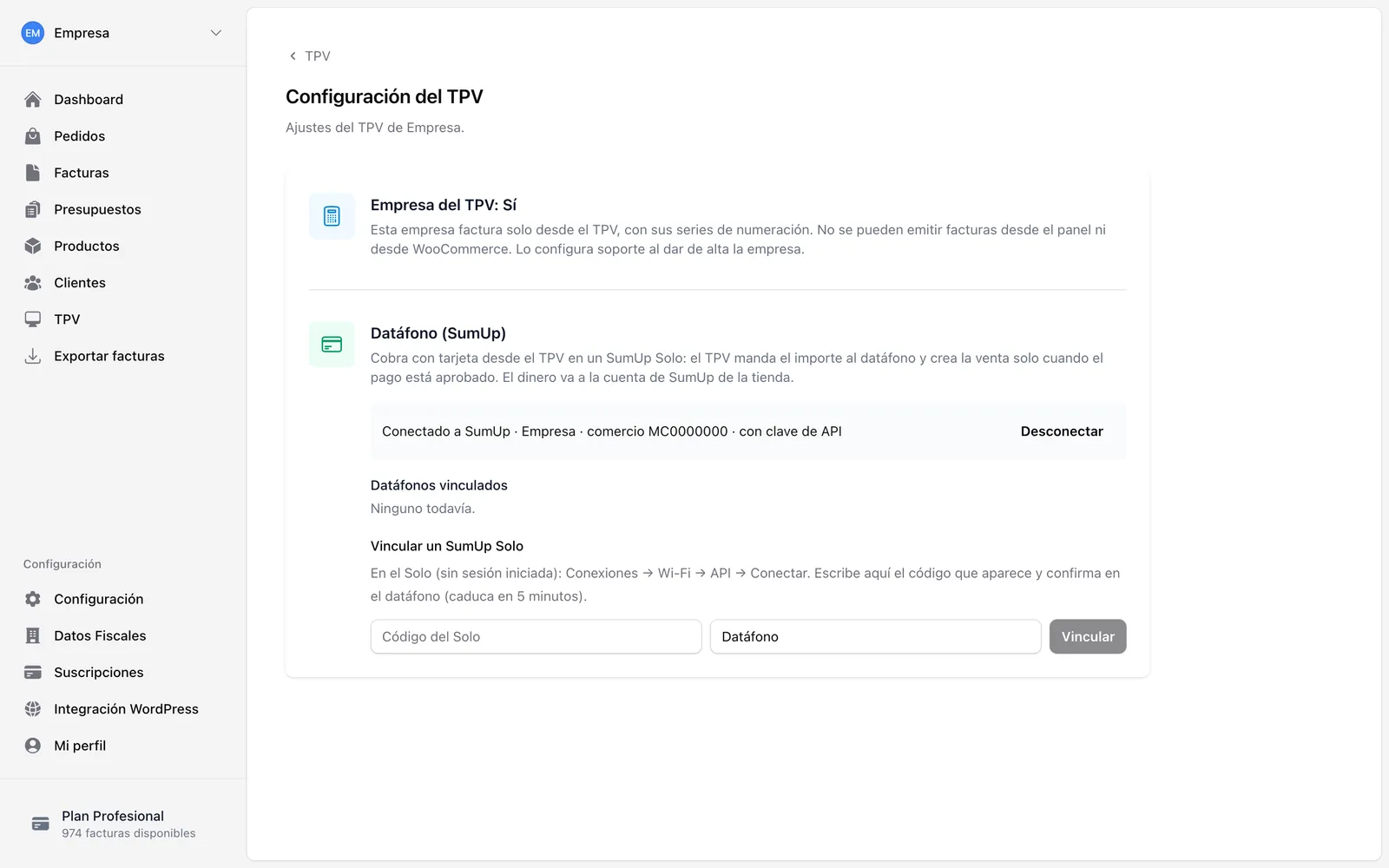 Configuración del datáfono en el panel: cuenta de SumUp conectada y vinculación del SumUp Solo con su código.