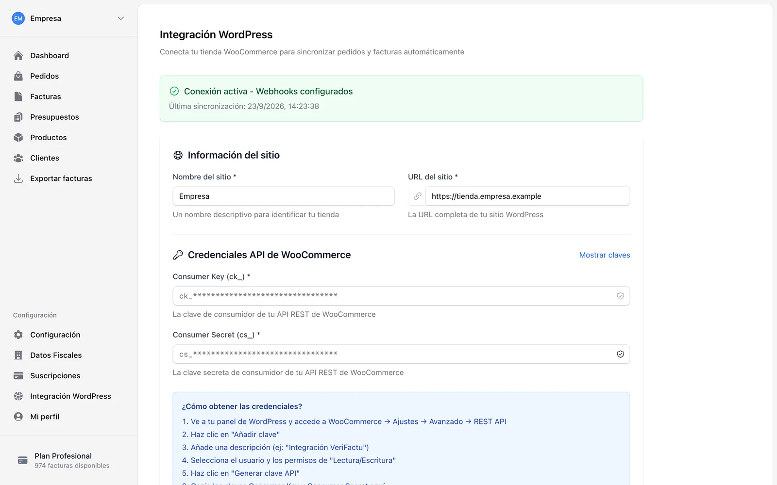 Integración con WordPress: conexión activa con la tienda WooCommerce y sus credenciales de API.
