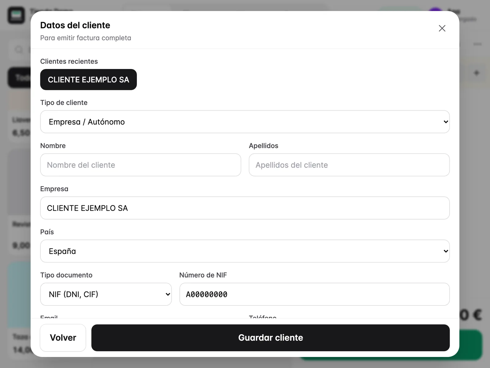 Formulario de datos del cliente para emitir factura completa, con clientes recientes.