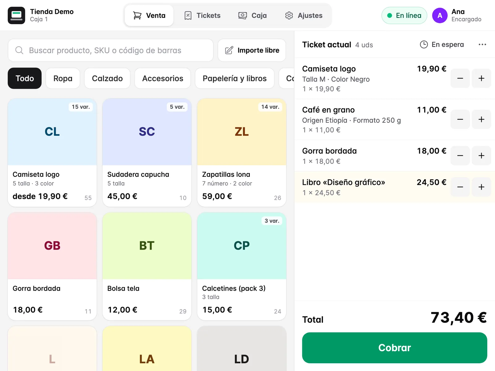 Pantalla de venta del TPV con el catálogo por categorías y el ticket actual.